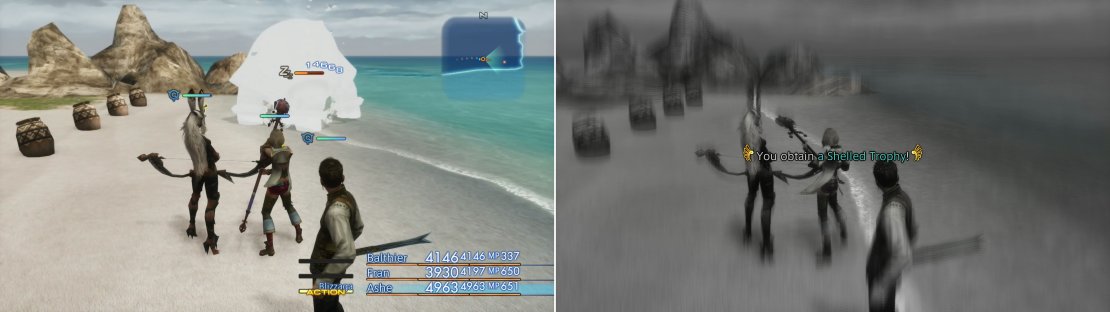 Thalassinon is weak to ice, and magick will not only do great damage, but will also not wake the slumbering beast up (left). After defeating Thalassinon you&rsquo;ll gain a Shelled Trophy (right).