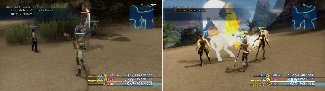 Try to steal some Wargod&rsquo;s Bands from Victanir (left), then destroy it by whatever means you see fit - Oil and fire magicks work well (right).