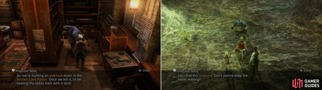 Talk to the Insecure Seeq and he&rsquo;ll tell you his plan (left) then join him in the Sochen Cave Palace (right).