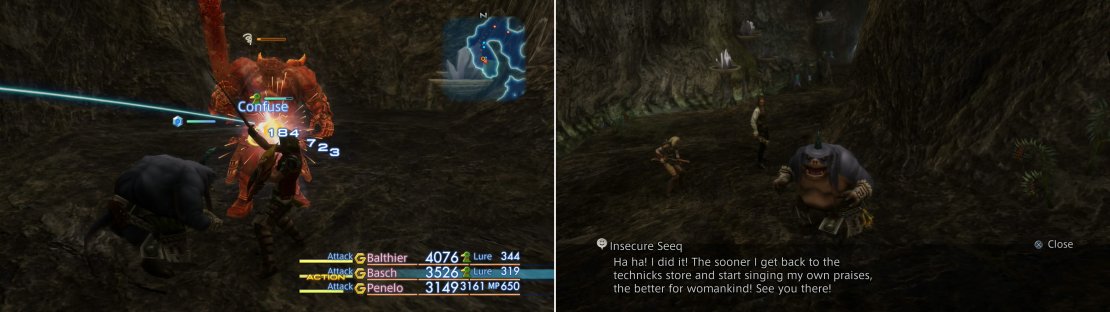 A Knight with a Karkata can perpetually keep Overlord off-balance by inflicting Confuse (left). After you&rsquo;re victorious, the Insecure Seeq will take the glory, and invite you to meet him back in Archades for your reward (right).