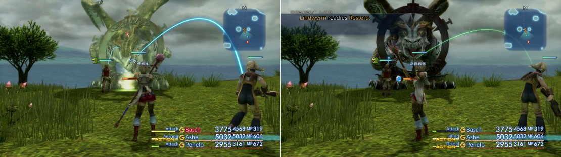 Aeroga can deal massive damage to Lindwyrm (left). Once it&rsquo;s injured it may use Restore to rebuff and heal itself (right).