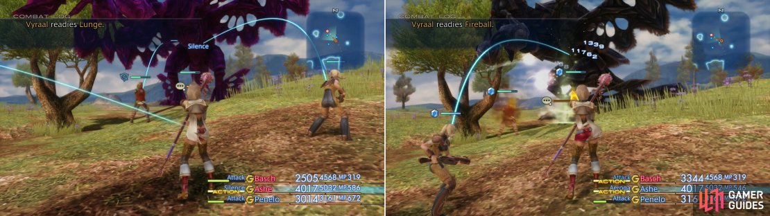Blind and Silence magicks will help blunt Vyraal&rsquo;s offense (left) and Aeroga will deal massive damage (right).