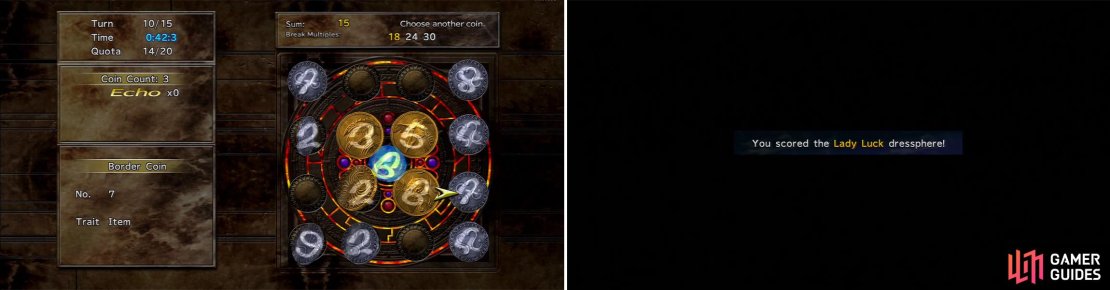 Look for the &ldquo;Item&rdquo; trait on the Border Coins (left) so you can win Garment Grids. The Lady Luck Dressphere (right) is the major reason to play Sphere Break.