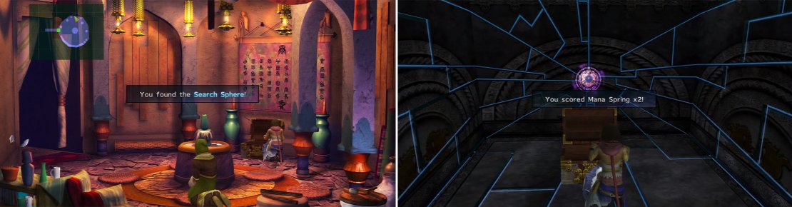 You can use the Besaid Key on the chest to get the Search Sphere (left). This allows you to search for spheres around Besaid needed for Wakka&rsquo;s cave. In the temple, you won&rsquo;t have to solve the Trials puzzle but there are still items (right).