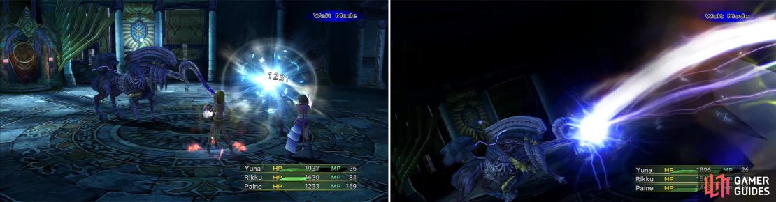Aerospark (left) can do a strong amount of damage. Thor&rsquo;s Hammer (right) is, of course, in play here so keep HP topped up as usual.