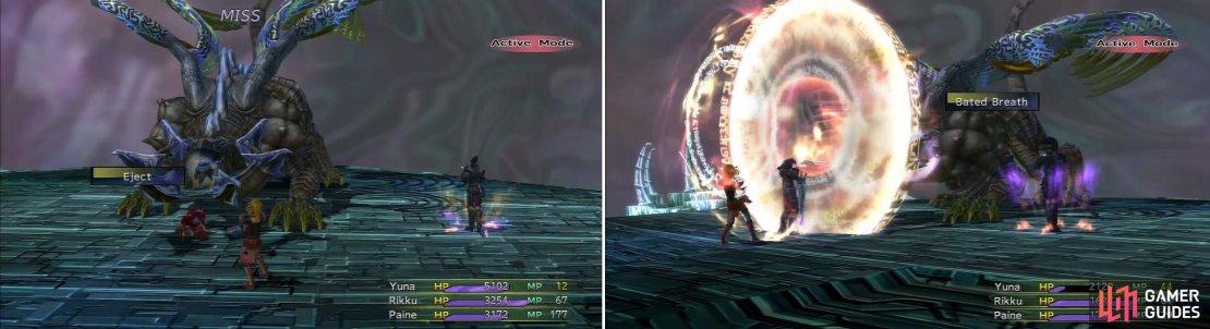 Eject (left) does work but it has a low percentage chance of working. Bated Breath (right) is a nasty attack if you aren&rsquo;t prepared. Overall, this is a tough fight.