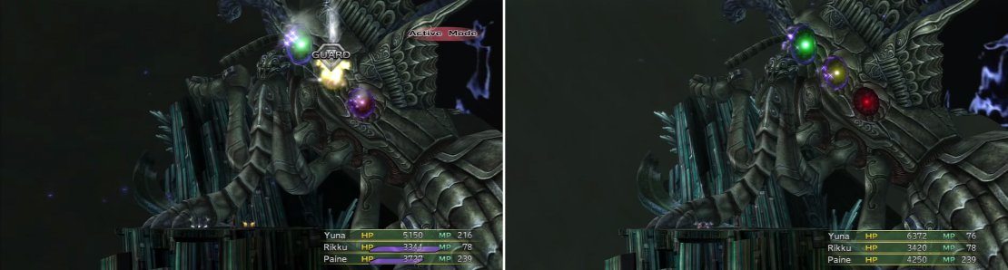 If you cast Reflect on yourself, any spells cast on you will bounce straight back (left). It can guard against them but at least you won&rsquo;t be hit. As its HP is drained, the nodes lights fade one by one (right).