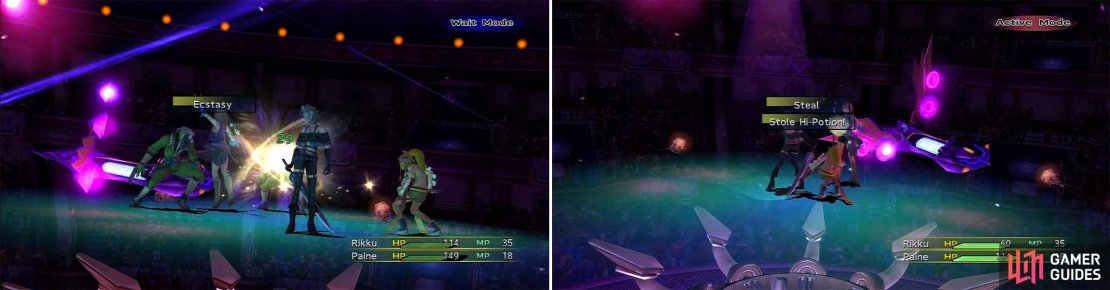 Ecstasy (left) can double the parameters of the Goons but it isn&rsquo;t a significant threat. It is good practice to steal (right) from enemies, especially at this early stage.