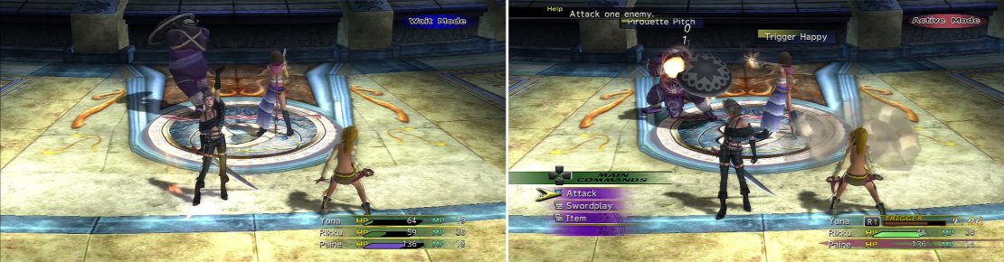 Ormi will do Pirouette Pitch (left) for quite a while but its damage isn&rsquo;t that troublesome. Yuna can use Trigger Happy (right) to build up a nice chain of damage.