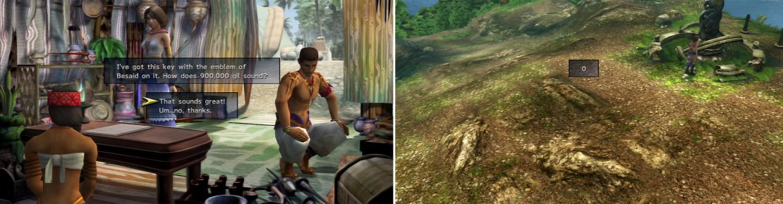 Buying the Besaid Key (left) isn&rsquo;t worth it and it&rsquo;s unlikely you have the money anyway. You can get it later on. The Ciphers (right) can be found by a red mark on your minimap.