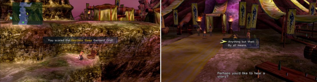 Head down the thin path here (left) to pick up this Garment Grid. If you wish to get 100%, you have to endure all of Maechen&rsquo;s ramblings (right). Sorry!