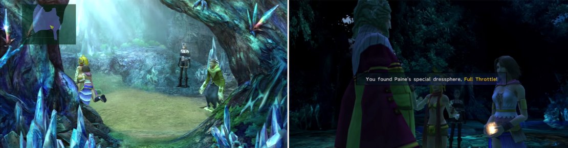 You can corner O&rsquo;aka in this spot (left). Speaking with Trommel four times, after hearing the Woods&rsquo; sad tale from its other denizens, nets you Paine&rsquo;s special Dressphere Full Throttle (right).