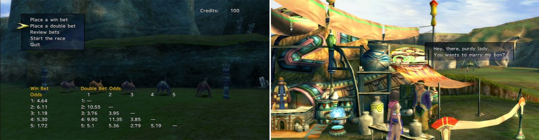 The Calm Lands is full of minigames (left) for you to enjoy and you can help the companies at the same time. You can also find a wife for this man&rsquo;s son (right). It has no bearing on 100% and is just a bit of fun.