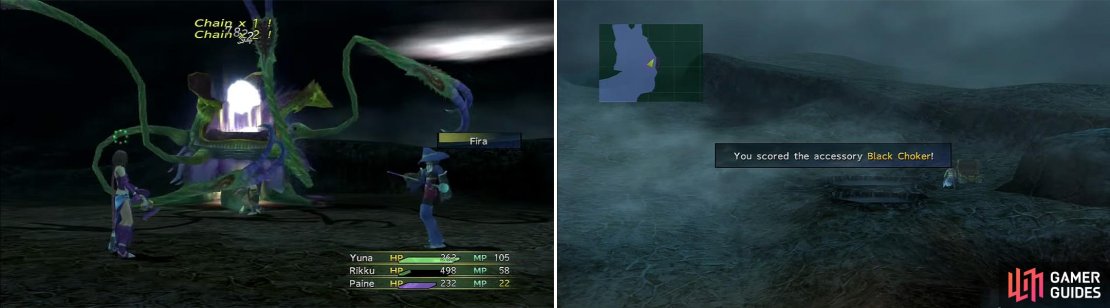 Ochus (left) aren&rsquo;t quite as fearsome as they could be when doused with Fire spells. You can now happily search the Thunder Plains for items (right) without fear of being struck by lightning.