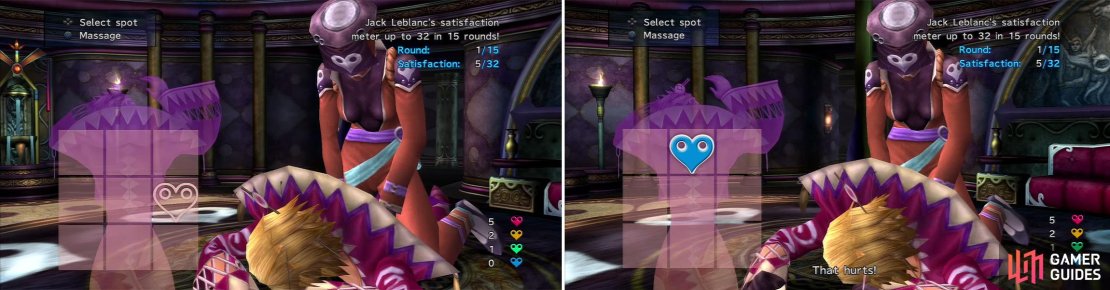 You need to figure out where Leblanc likes the massage. If she doesn&rsquo;t like a point it will turn blue (right) and she will tell you.