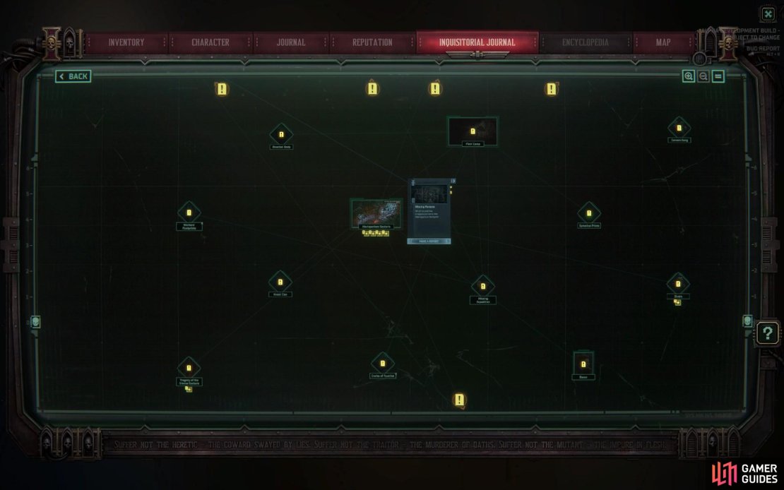 As you collect intel, you&rsquo;ll compile it in your &ldquo;Inquisitorial Journal&rdquo;. This is a single case file - quests are labyrinthine, with many a false lead or contradictory clue.