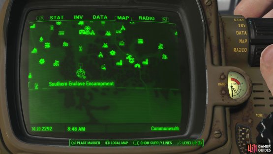 The Southern Enclave Encampment can be found south of Galaxy News Network, aka Gunner&rsquo;s Plaza.