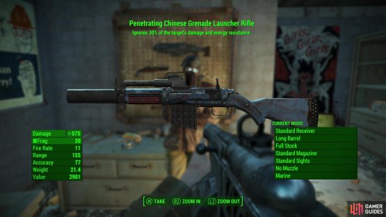 If you give the schematics to Suggs, he&rsquo;ll reward you with a Chinese Grenade Launcher Rifle.