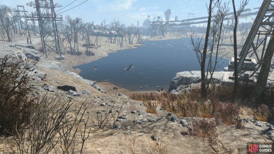 In a lake to the southeast you&rsquo;ll find a crashed vertibird.