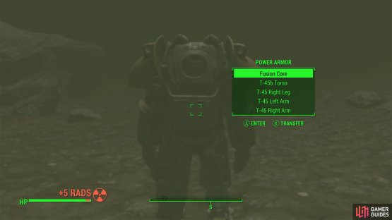 Swim near the wreck to find a suit of Power Armor standing at the bottom of the lake.