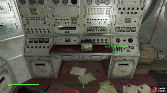 In a room with a dormant Protectron you’ll find a Vault-Tec Lunchbox,