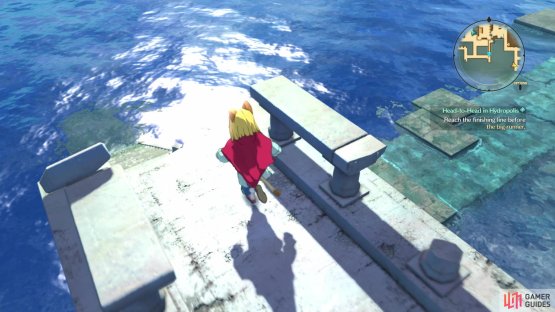 then jump off the end of the walkway to reach the area with the end goal