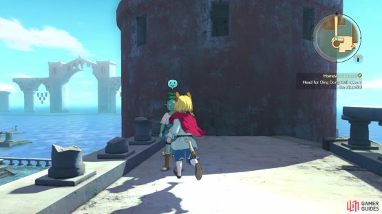 You can find the boy on the bridge near the water area