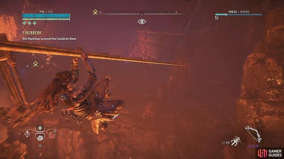 Take the zipline down to the cauldron door