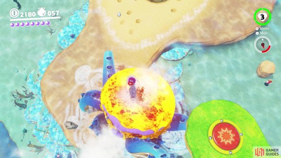 To deal damage get above the boss with the Gushen and spray water down on his head