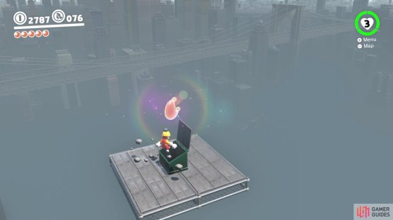 and speed over to the lone platform to grab the moon hidden in the dumpster