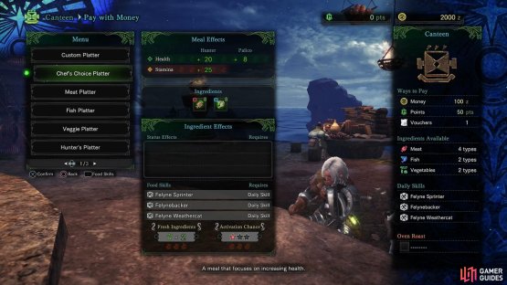 Select from the meals available, or create a custom dish from the available ingredients
