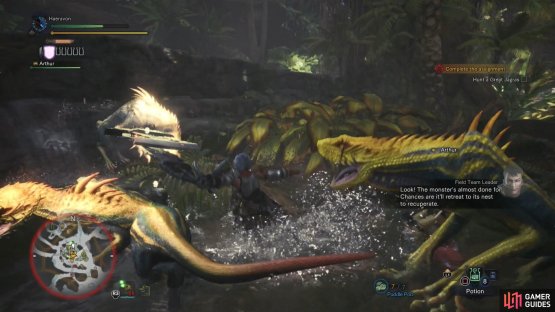 If the Great Jagras retreats to its lair, you&rsquo;ll have to deal with numerous lesser Jagras as well