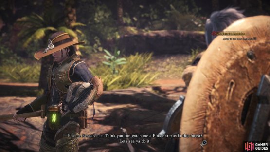 Talk to the Piscine Researcher and he&rsquo;ll challenge you to catch a Pink Parexus