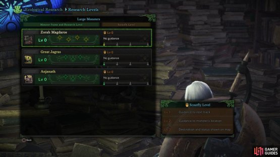 Investigating monster tracks will increase your Research Level for said monster, giving you a variety of Scoutfly bonuses and bestiary information