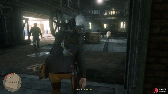 Wait for the guard in front to move to the left before continuing