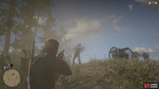 then make a dash up the left side of the hill to reach the man on the cannon.