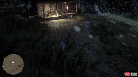 Approach the cabin to find a man on the porch