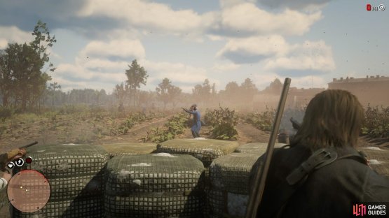 ignore the group of mounted horsemen and get in cover behind the crates.