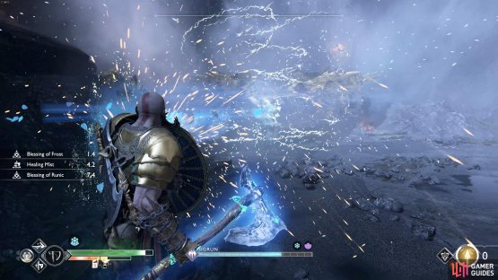 Sigrun launches the ice projectiles which can be blocked, aside from the last one.