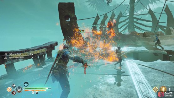 Use runic attacks to push enemies down the crack in the ship.