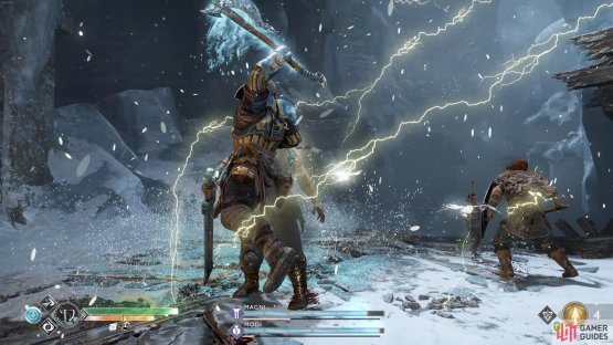 Use Atreus to distract Modi and attack from the side.