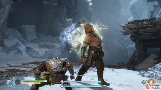 Dodge roll to the side of Magni&rsquo;s sword strikes.