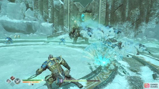 Dodge roll to the side to avoid the Ice Blast.
