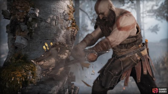 Although a cinematic, you&rsquo;ll still need to help Kratos fell the tree with the R1 or Mouse 1 buttons.