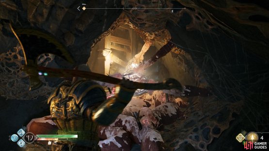 Search the area under the walkway to find some knots you can destroy leading to a coffin.