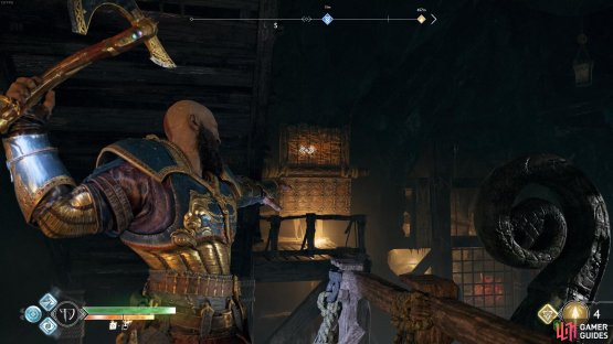 Hit the wooden board to lower the bridge.