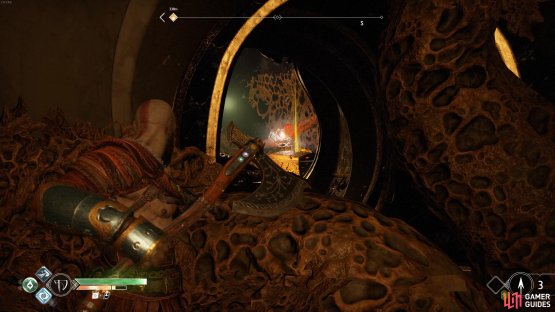 Head to the right cell and throw the axe through the first knot but don&rsquo;t recall the axe.