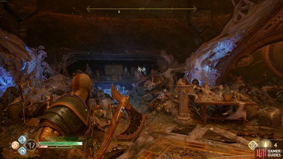 Check the shelf to the left of the wheel to find the first Rune.