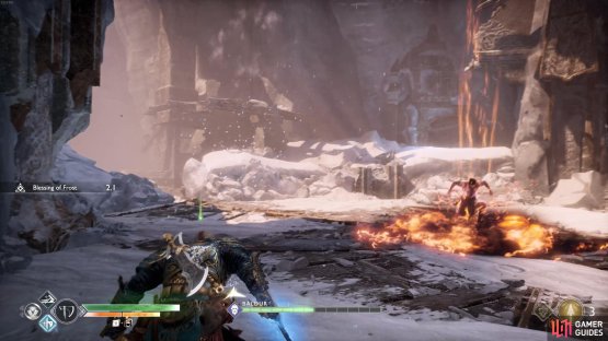 Watch for the fire circle to indicate where Baldur will land, an explosion follows the impact.