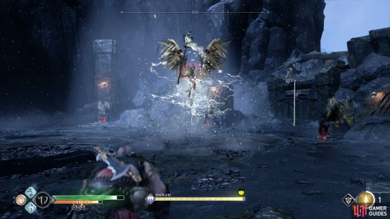 Knock her out of the air with an arrow to avoid the Mace Shockwave